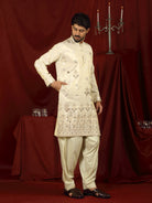 Luxe Men's Tissue Floral Zari Embroidery Daman Work Kurta with Salwar Set - Beige