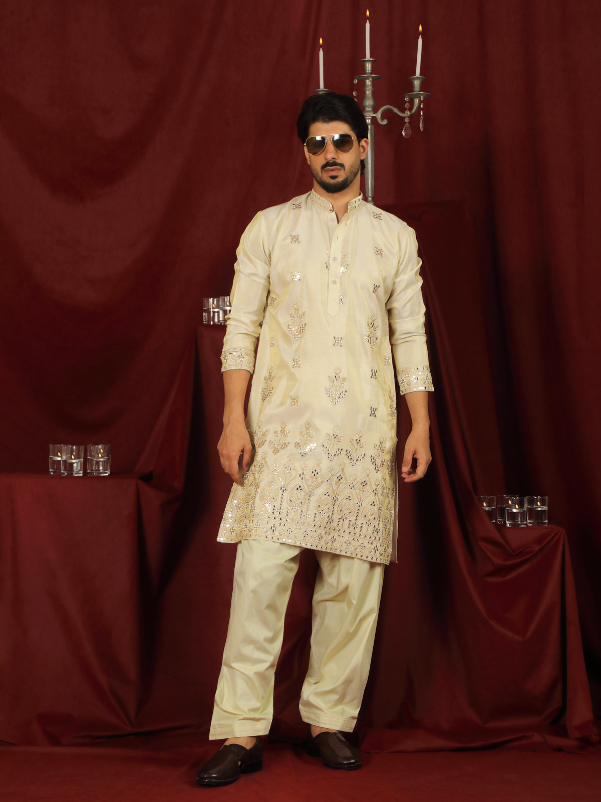 Luxe Men's Tissue Floral Zari Embroidery Daman Work Kurta with Salwar Set - Beige