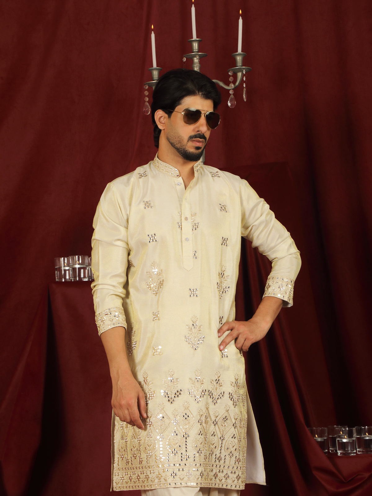 Luxe Men's Tissue Floral Zari Embroidery Daman Work Kurta with Salwar Set - Beige