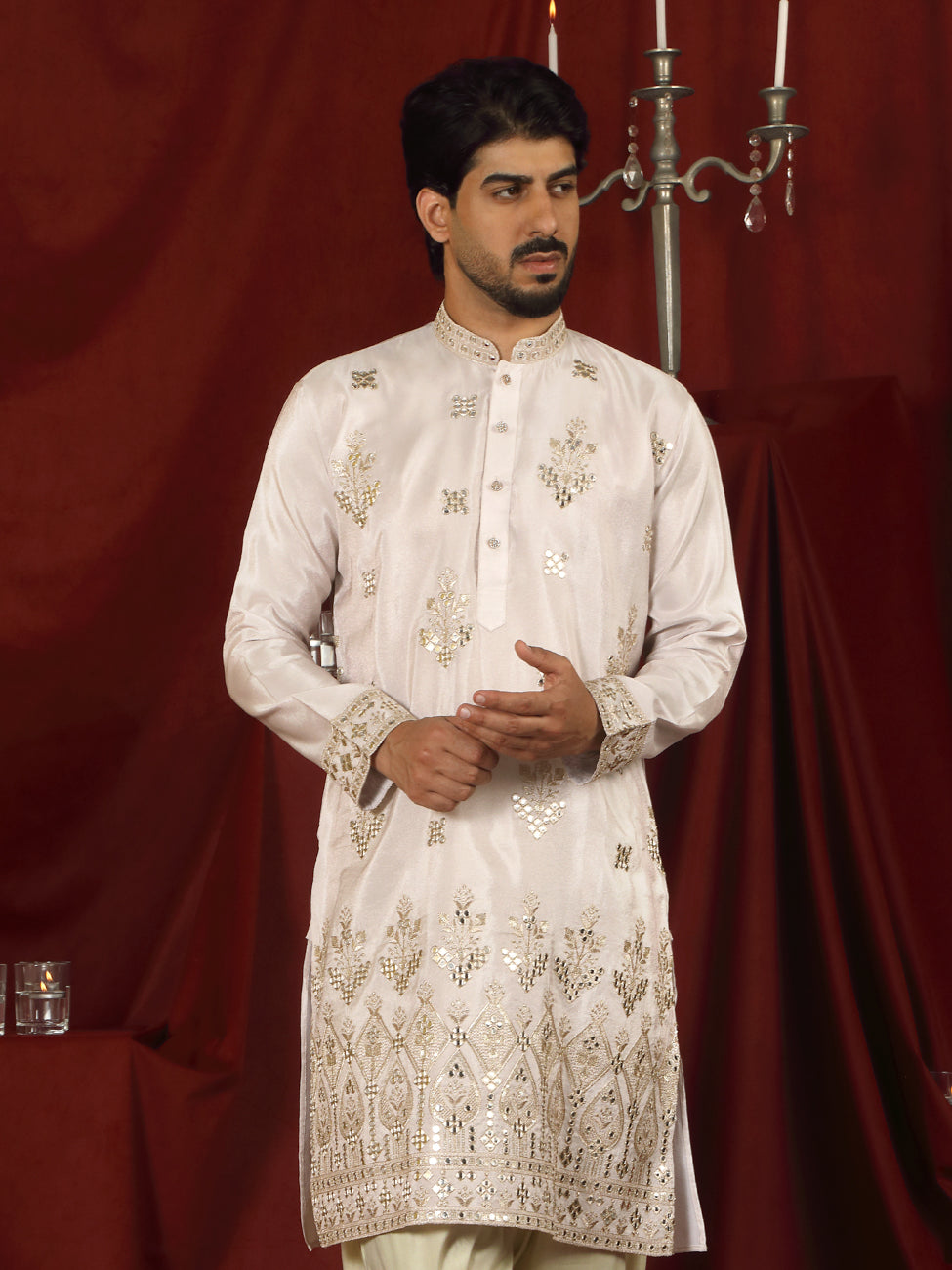 Luxe Men's Tissue Floral Zari Embroidery Daman Work Kurta