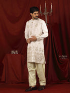 Luxe Men's Tissue Floral Zari Embroidery Daman Work Kurta - Mauve