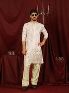Luxe Men's Tissue Floral Zari Embroidery Daman Work Kurta - Mauve