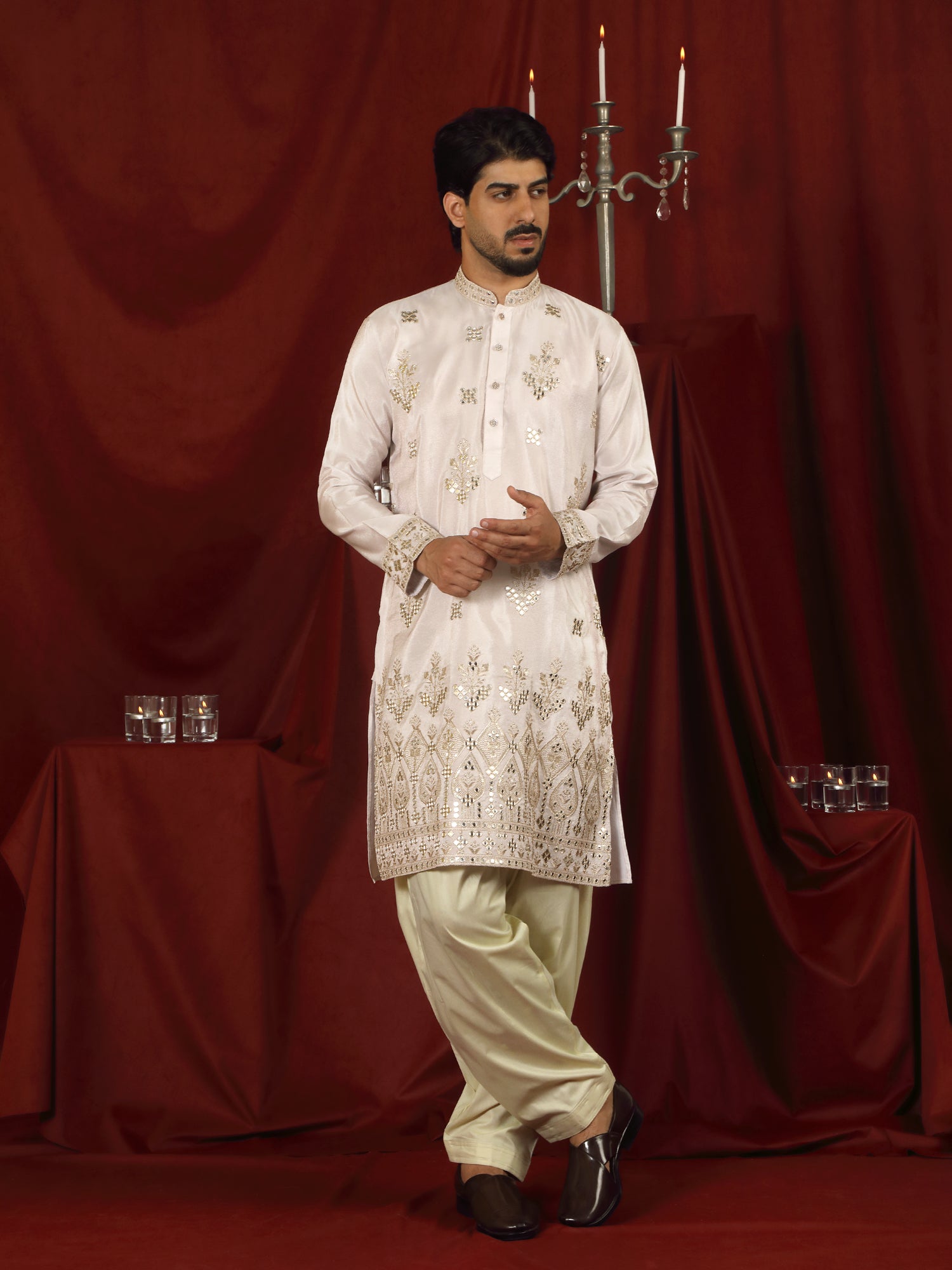 Luxe Men's Tissue Floral Zari Embroidery Daman Work Kurta with Salwar Set - Pink