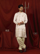 Luxe Men's Tissue Floral Zari Embroidery Daman Work Kurta with Salwar Set - Pink