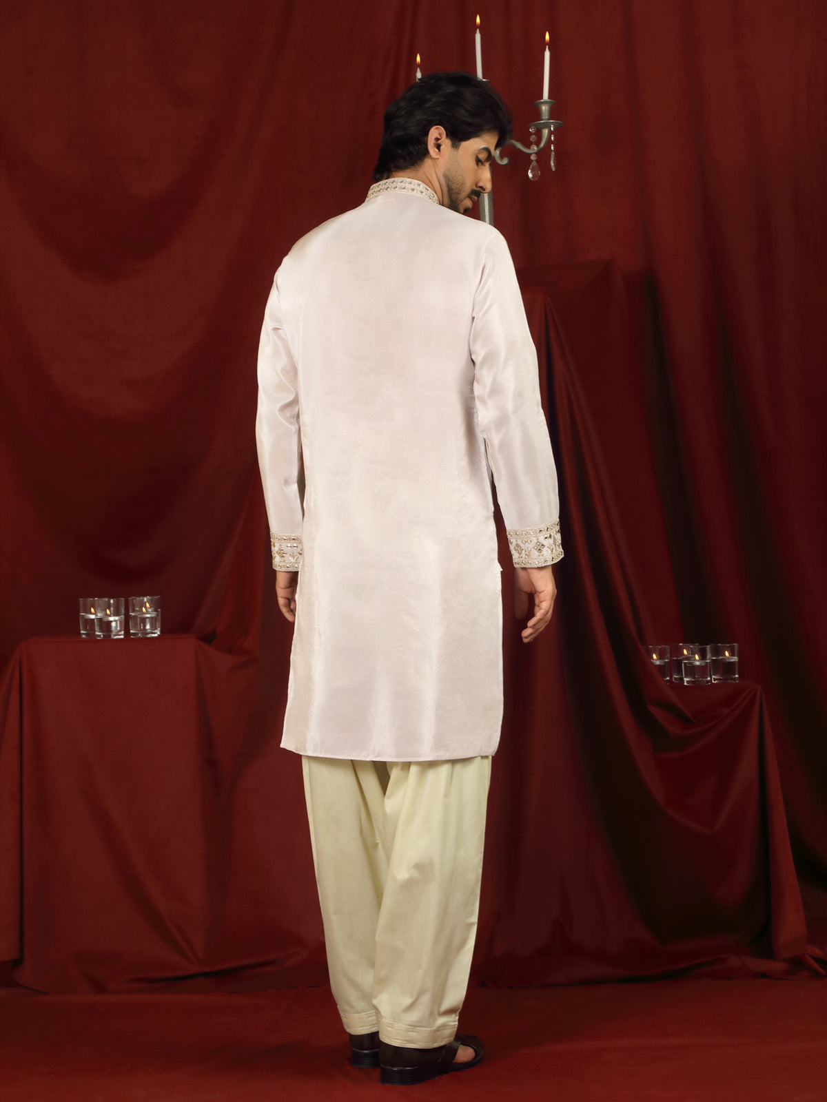 Luxe Men's Tissue Floral Zari Embroidery Daman Work Kurta with Salwar Set - Pink