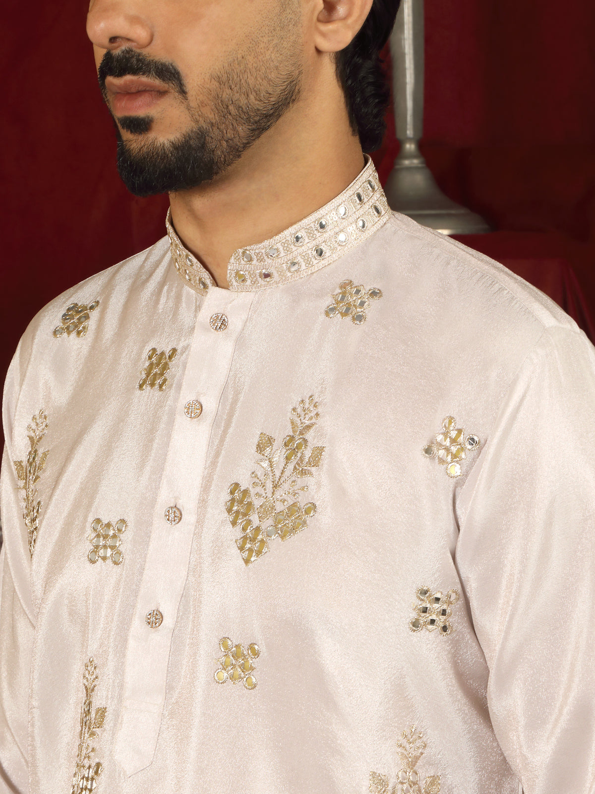 Luxe Men's Tissue Floral Zari Embroidery Daman Work Kurta with Salwar Set - Pink