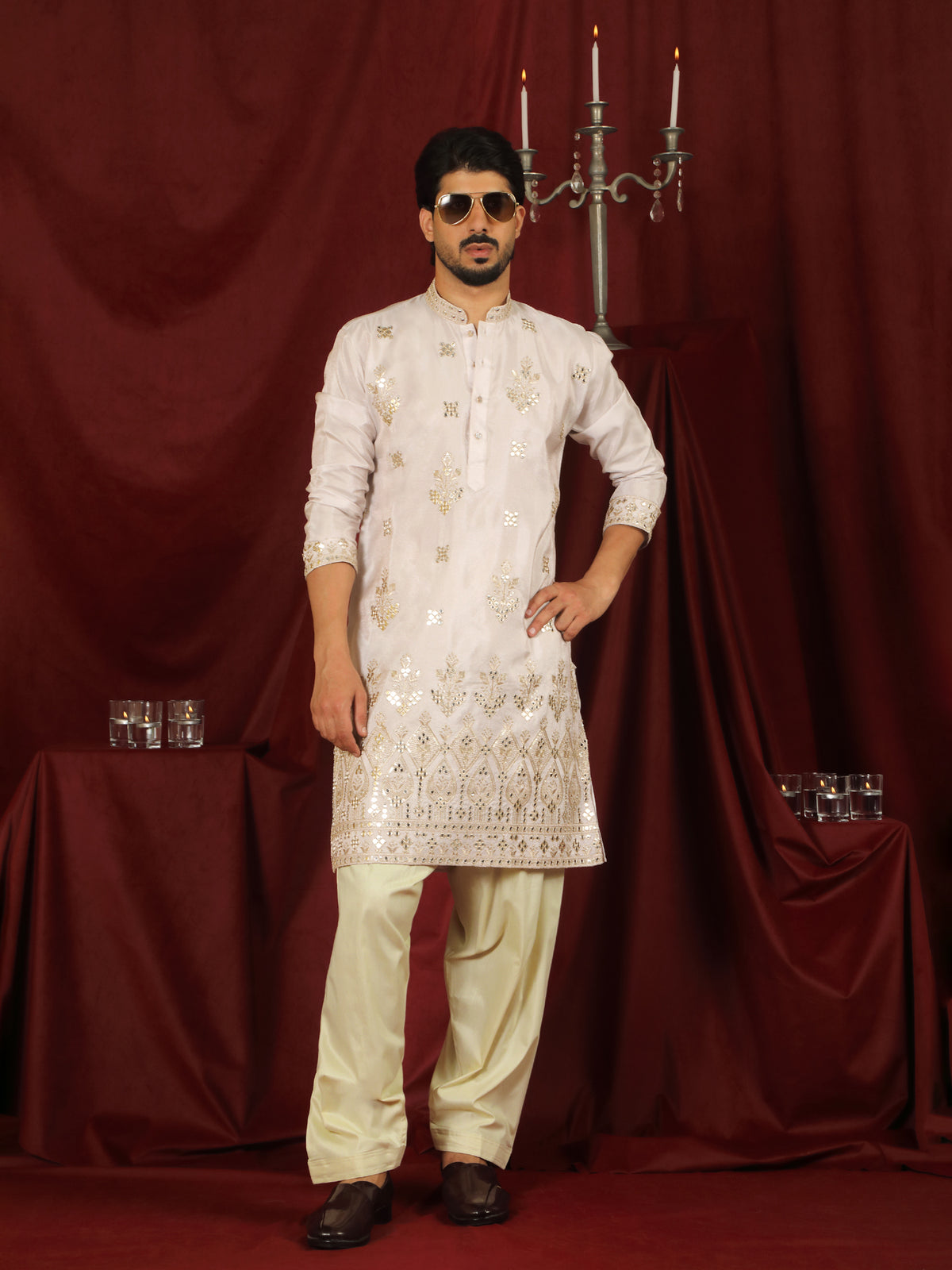 Luxe Men's Tissue Floral Zari Embroidery Daman Work Kurta with Salwar Set - Pink