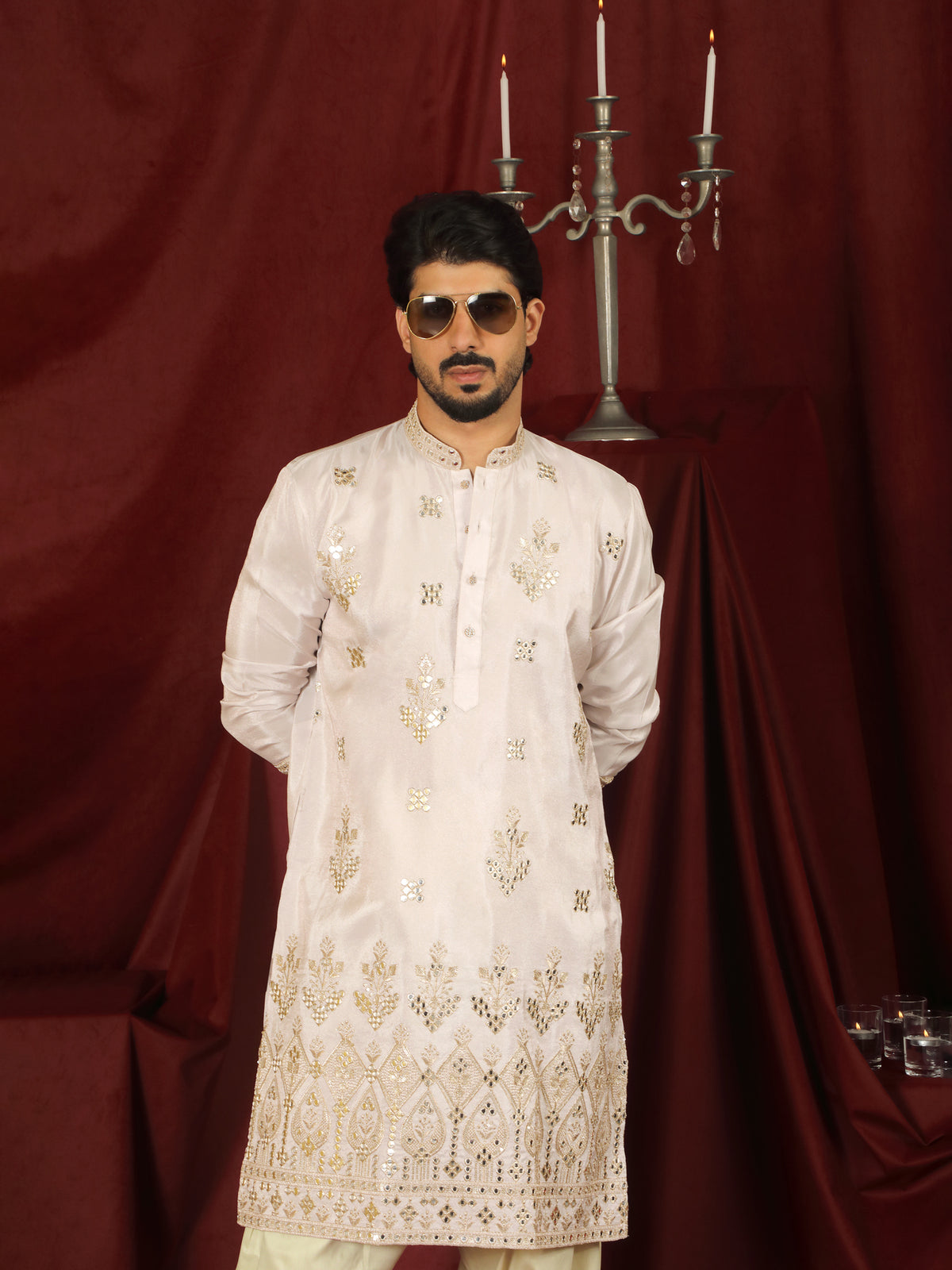Luxe Men's Tissue Floral Zari Embroidery Daman Work Kurta with Salwar Set - Pink
