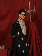 Luxe Men's Japanese Heavy Yoke Zari Embroidery with Sequinned V-Neck Kurta - Black