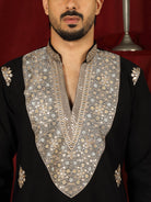 Luxe Men's Japanese Heavy Yoke Zari Embroidery with Sequinned V-Neck Kurta - Black