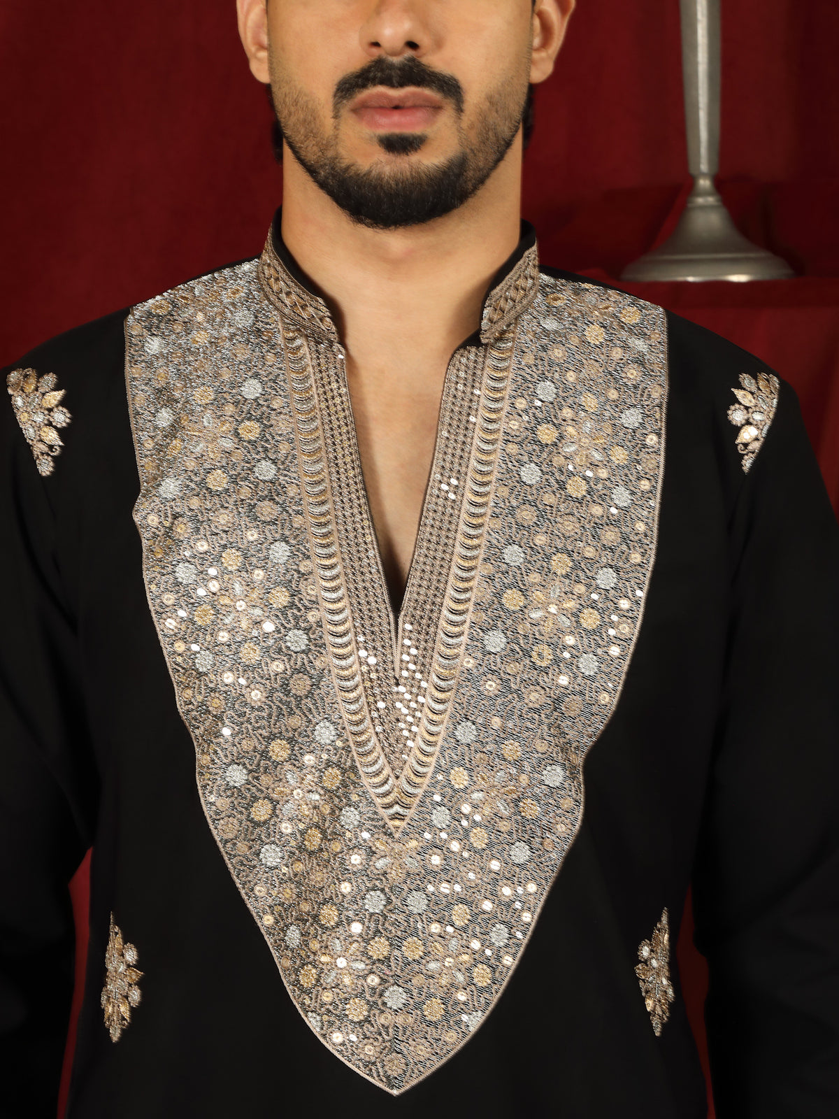 Luxe Men's Japanese Heavy Yoke Zari Embroidery with Sequinned V-Neck Kurta - Black