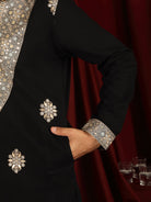 Luxe Men's Japanese Heavy Yoke Zari Embroidery with Sequinned V-Neck Kurta - Black