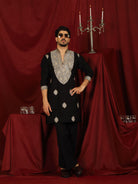 Luxe Men's Japanese Heavy Yoke Zari Embroidery with Sequinned V-Neck Kurta - Black