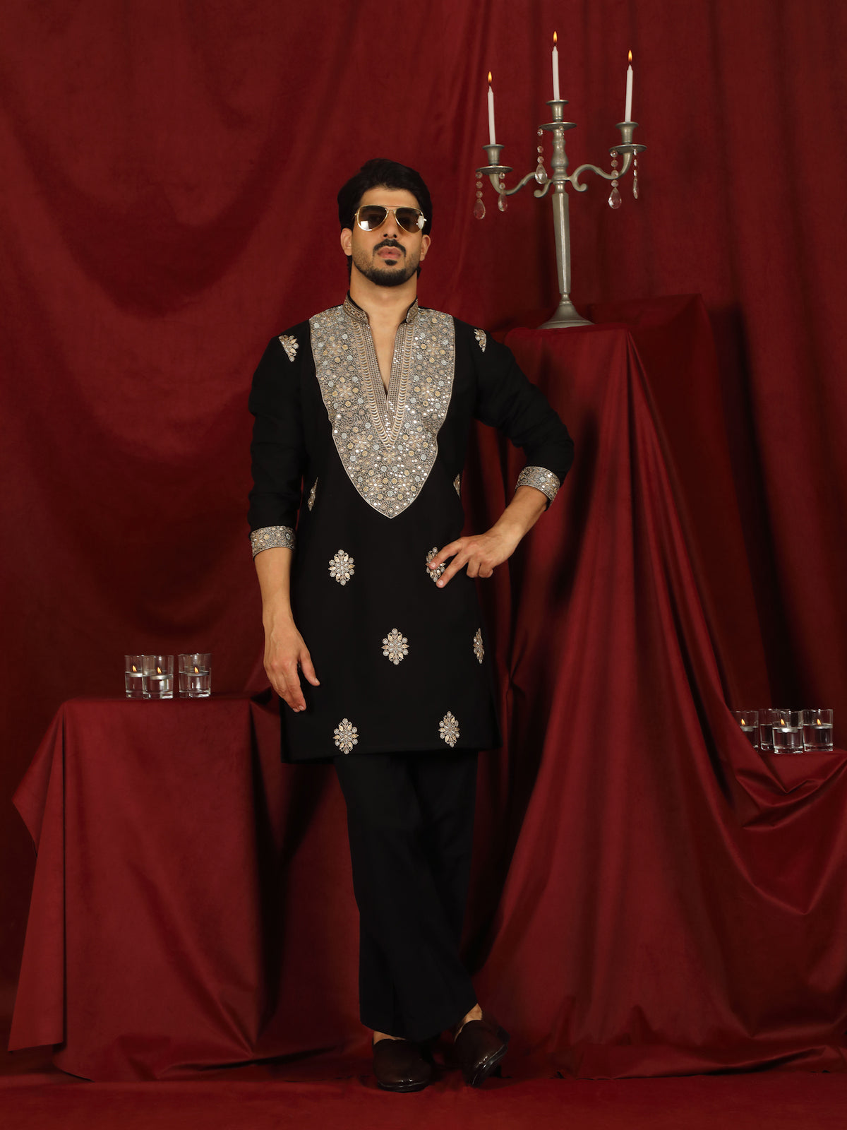 Luxe Men's Japanese Heavy Yoke Zari Embroidery with Sequinned V-Neck Kurta - Black