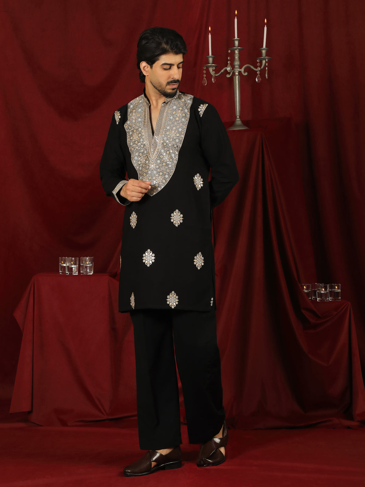Luxe Men's Japanese Heavy Yoke Zari Embroidery with Sequinned V-Neck Kurta with Trouser Set - Black