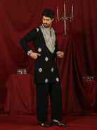 Luxe Men's Japanese Heavy Yoke Zari Embroidery with Sequinned V-Neck Kurta with Trouser Set - Black