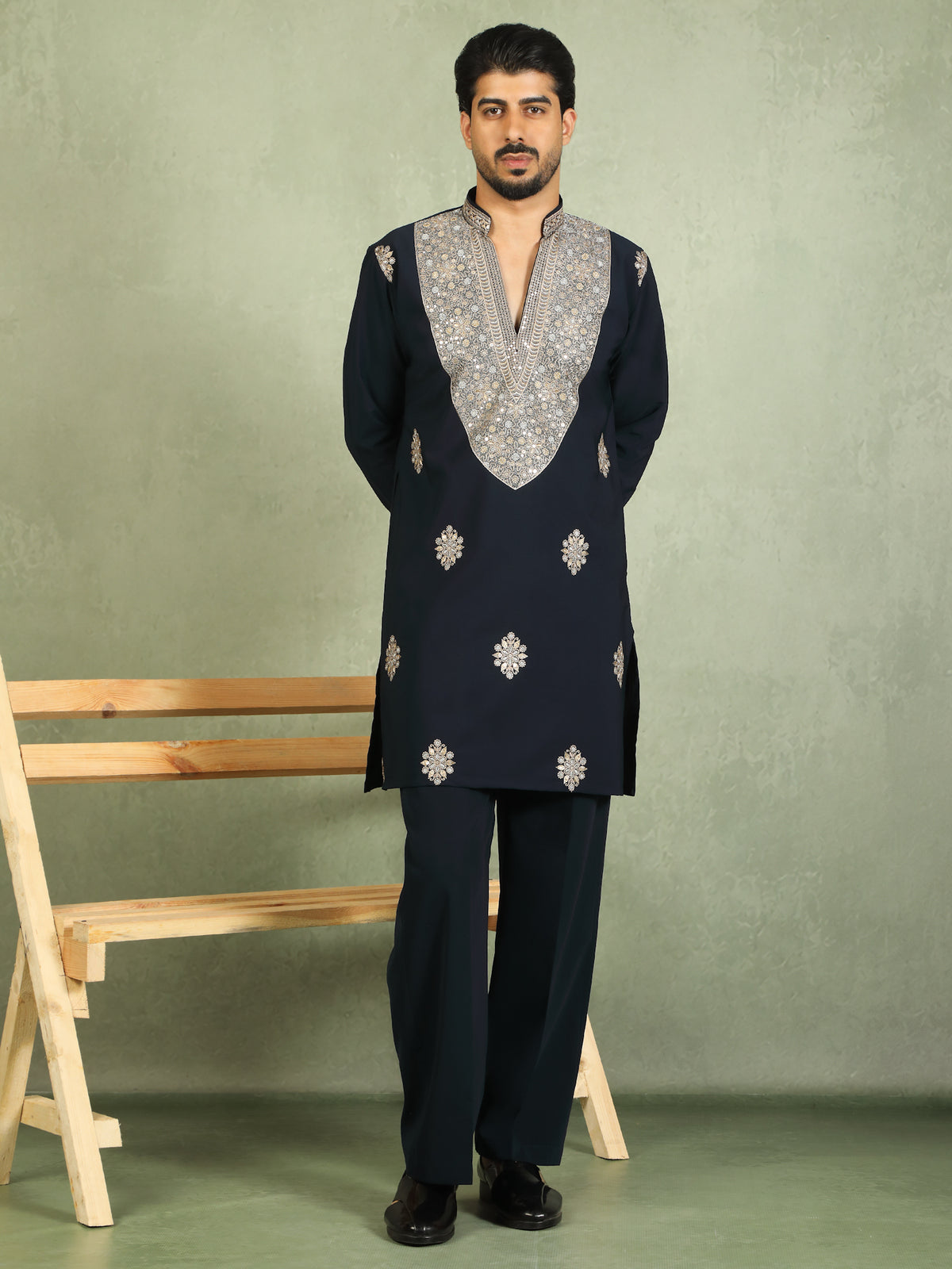 Luxe Men's Japanese Heavy Yoke Zari Embroidery with Sequinned V-Neck Kurta - Navy Blue