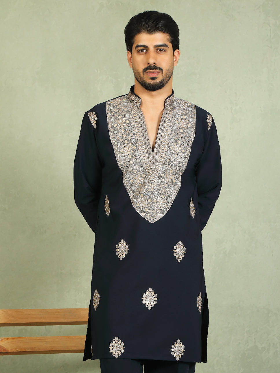 Luxe Men's Japanese Heavy Yoke Zari Embroidery with Sequinned V-Neck Kurta