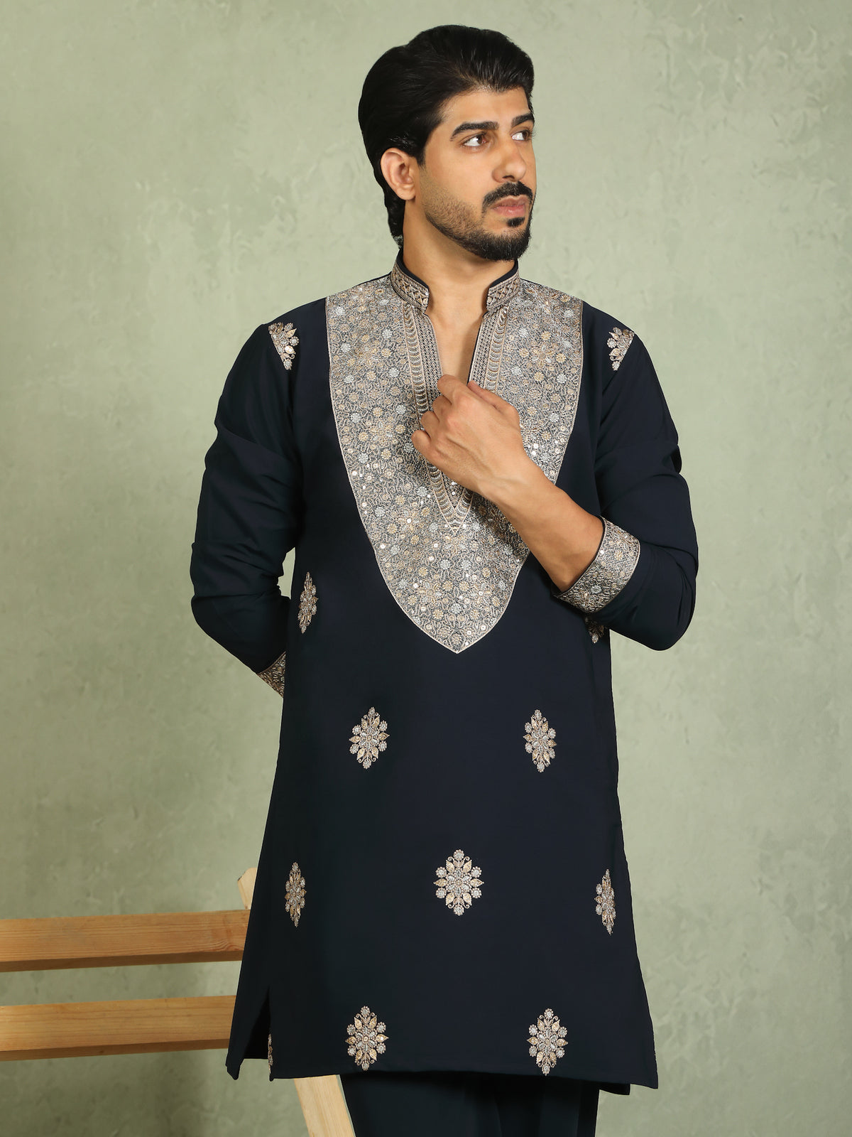 Luxe Men's Japanese Heavy Yoke Zari Embroidery with Sequinned V-Neck Kurta - Navy Blue
