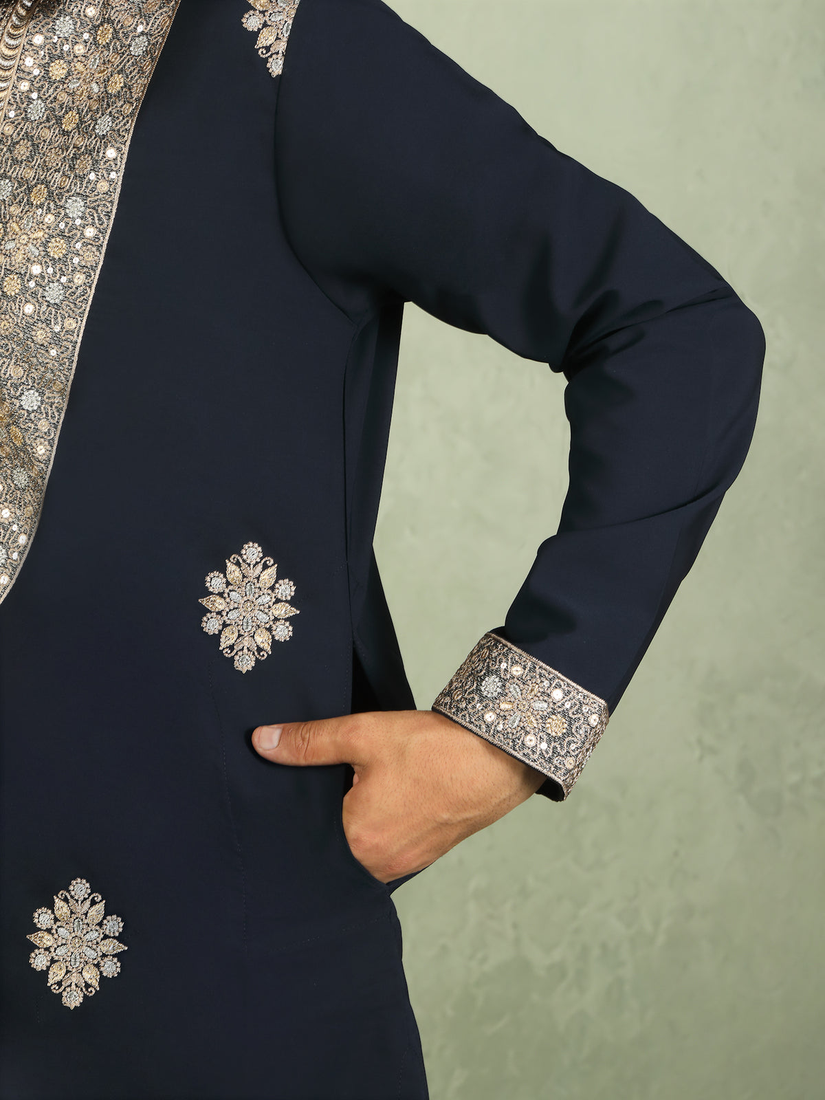 Luxe Men's Japanese Heavy Yoke Zari Embroidery with Sequinned V-Neck Kurta - Navy Blue