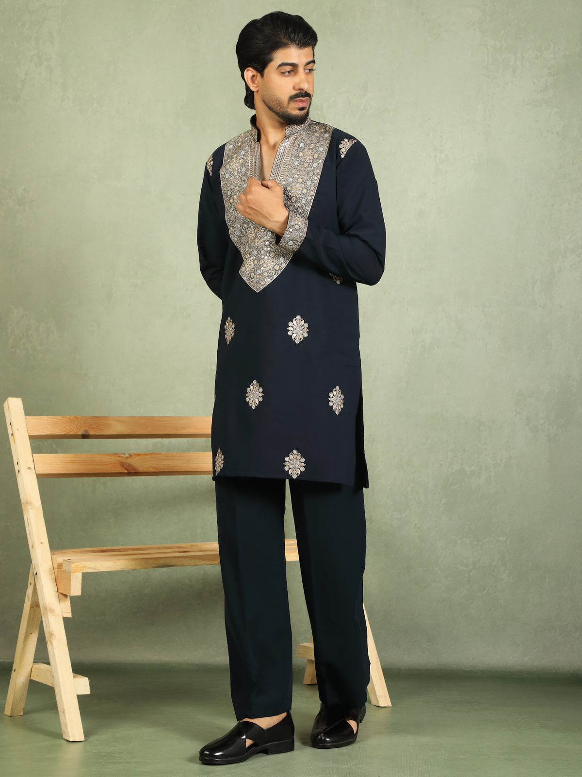 Luxe Men's Japanese Heavy Yoke Zari Embroidery with Sequinned V-Neck Kurta - Navy Blue