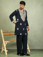 Luxe Men's Japanese Heavy Yoke Zari Embroidery with Sequinned V-Neck Kurta - Navy Blue
