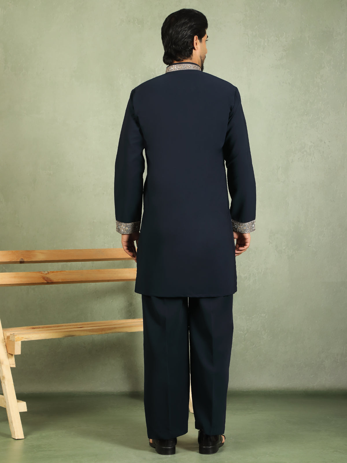 Luxe Men's Japanese Heavy Yoke Zari Embroidery with Sequinned V-Neck Kurta with Trouser Set - Navy Blue