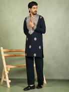 Luxe Men's Japanese Heavy Yoke Zari Embroidery with Sequinned V-Neck Kurta with Trouser Set - Navy Blue
