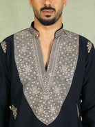 Luxe Men's Japanese Heavy Yoke Zari Embroidery with Sequinned V-Neck Kurta with Trouser Set - Navy Blue