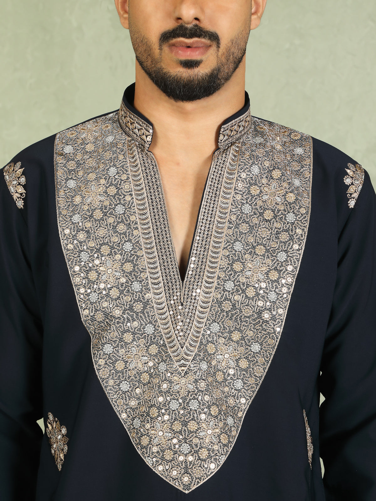 Luxe Men's Japanese Heavy Yoke Zari Embroidery with Sequinned V-Neck Kurta with Trouser Set - Navy Blue