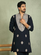Luxe Men's Japanese Heavy Yoke Zari Embroidery with Sequinned V-Neck Kurta with Trouser Set - Navy Blue