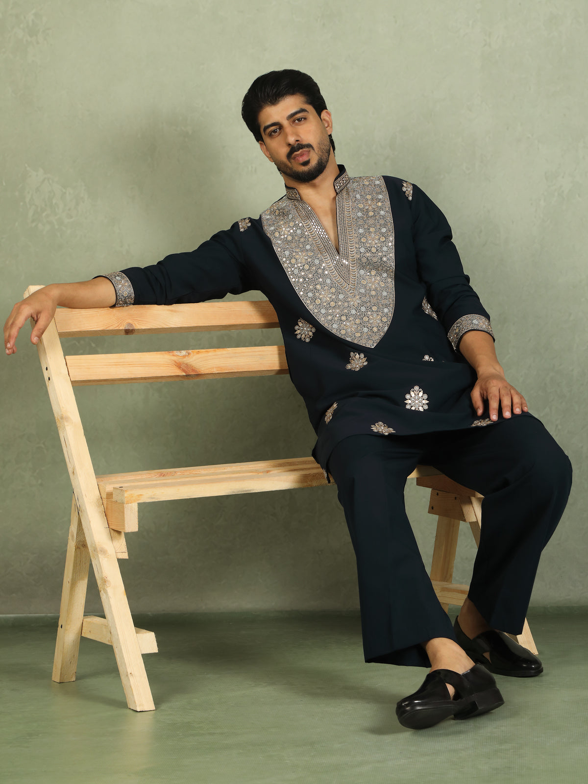 Luxe Men's Japanese Heavy Yoke Zari Embroidery with Sequinned V-Neck Kurta with Trouser Set - Navy Blue
