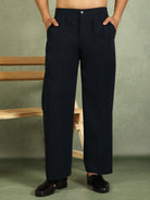 Luxe Men's Japanese Heavy Yoke Zari Embroidery with Sequinned V-Neck Kurta with Trouser Set - Navy Blue