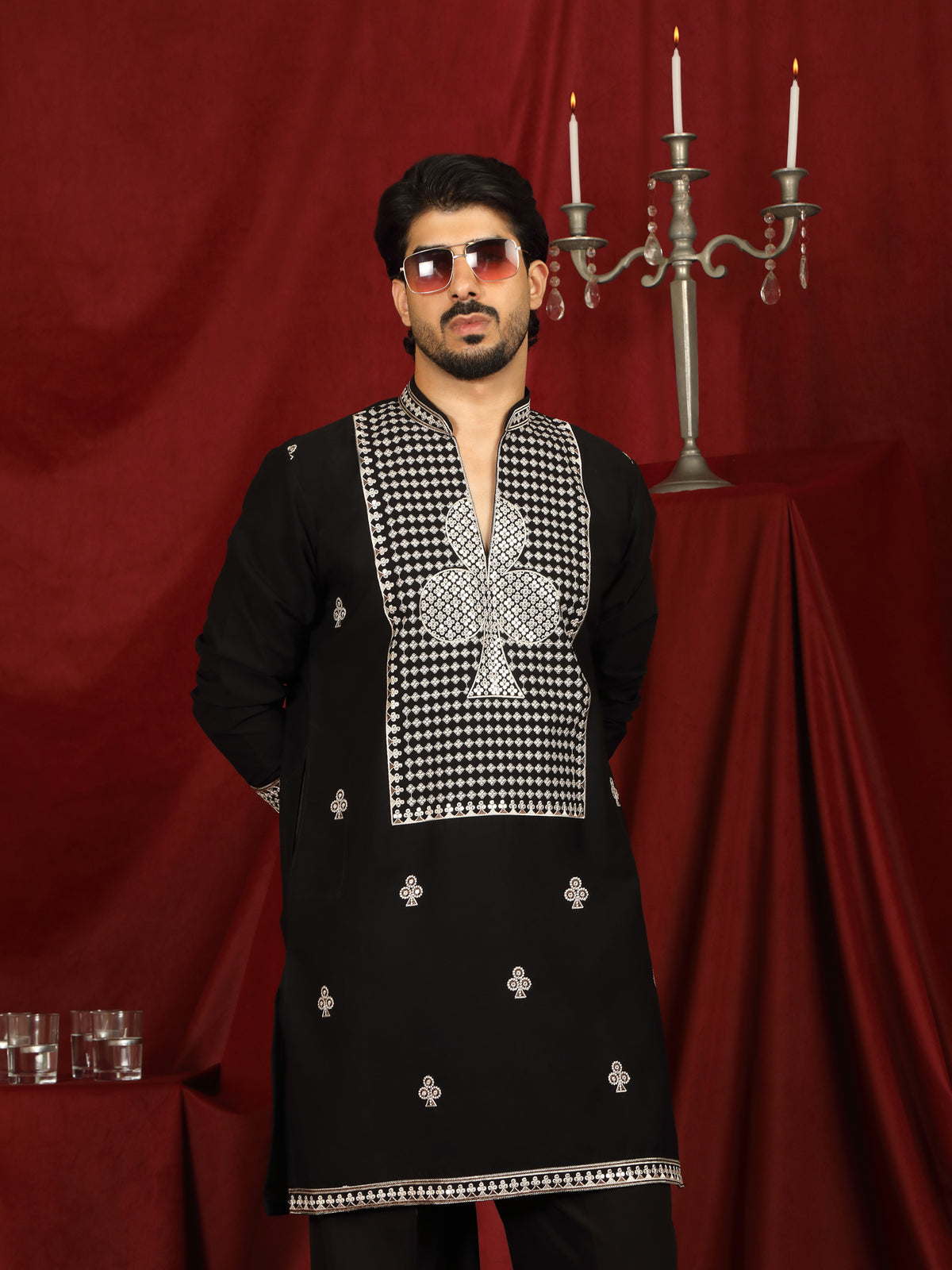 Luxe Men's Japanese Heavy Embroidery Club Motif V-Neck Kurta - Black