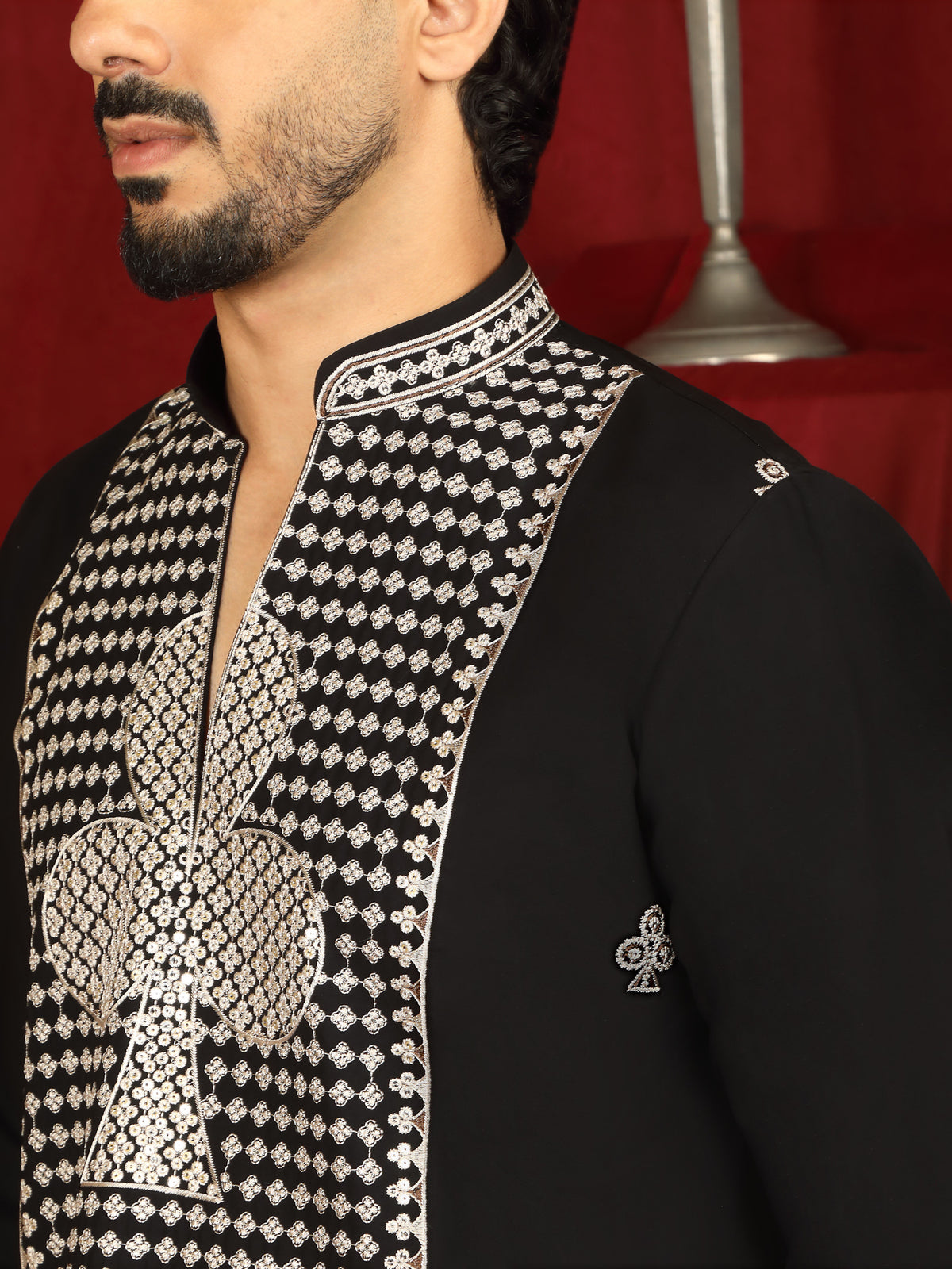 Luxe Men's Japanese Heavy Embroidery Club Motif V-Neck Kurta - Black