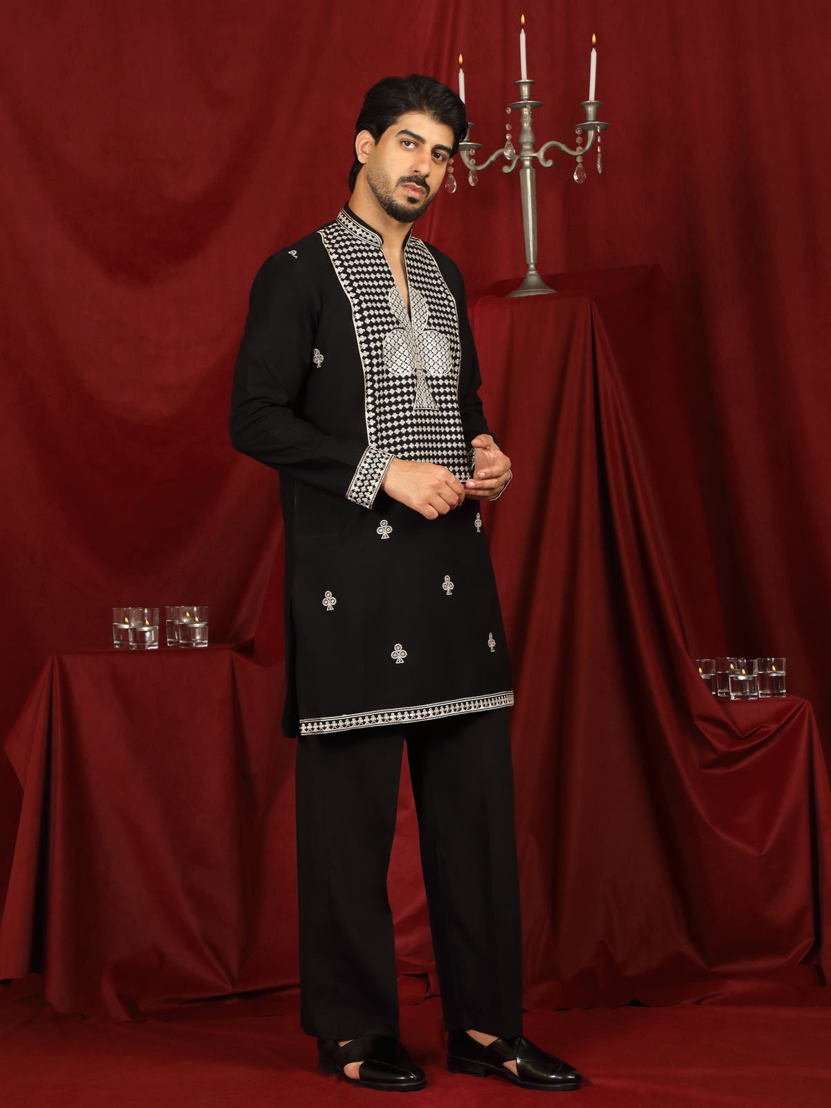 Luxe Men's Japanese Heavy Embroidery Club Motif V-Neck Kurta - Black
