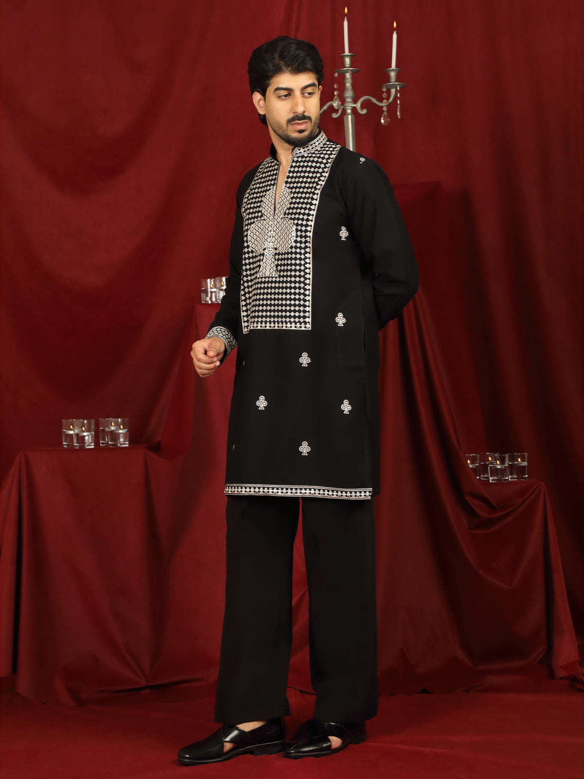 Luxe Men's Japanese Heavy Embroidery Club Motif V-Neck Kurta - Black