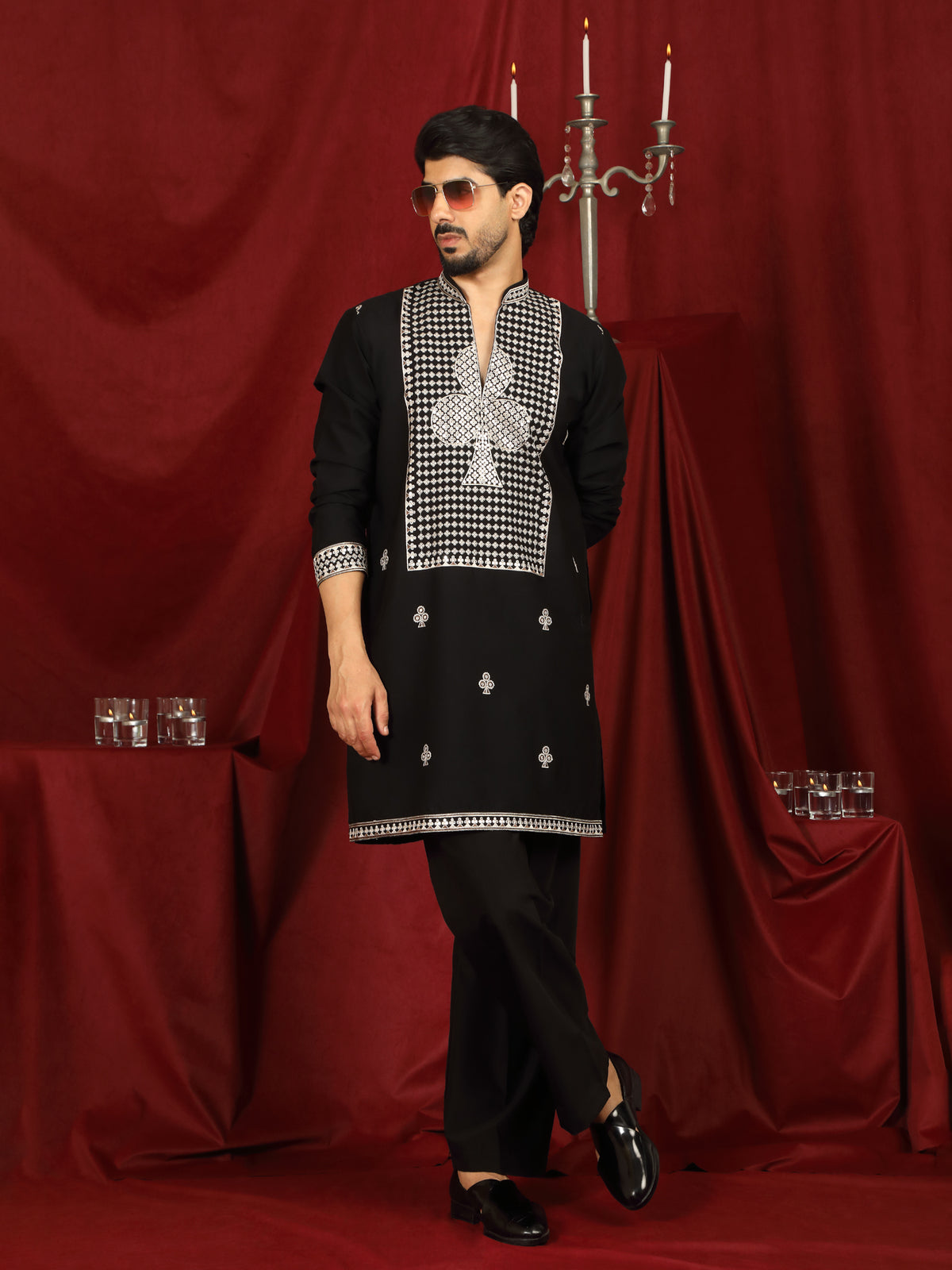 Luxe Men's Japanese Heavy Embroidery Club Motif V-Neck Kurta - Black