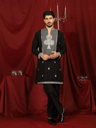Luxe Men's Japanese Heavy Embroidery Club Motif V-Neck Kurta with Trouser Set - Black