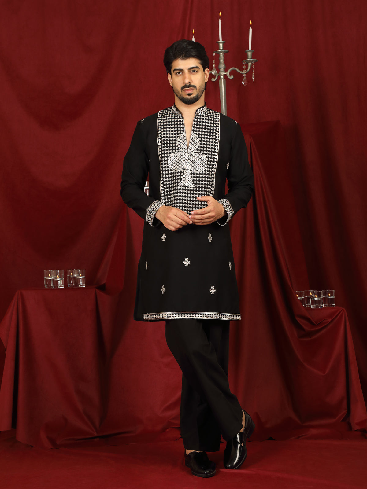 Luxe Men's Japanese Heavy Embroidery Club Motif V-Neck Kurta with Trouser Set - Black
