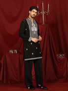 Luxe Men's Japanese Heavy Embroidery Club Motif V-Neck Kurta with Trouser Set - Black