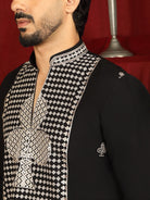 Luxe Men's Japanese Heavy Embroidery Club Motif V-Neck Kurta with Trouser Set - Black