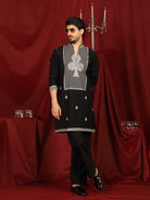 Luxe Men's Japanese Heavy Embroidery Club Motif V-Neck Kurta with Trouser Set - Black