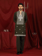 Luxe Men's Japanese Heavy Embroidery Club Motif V-Neck Kurta - Navy Blue