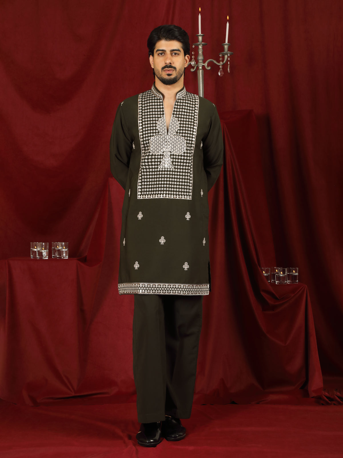 Luxe Men's Japanese Heavy Embroidery Club Motif V-Neck Kurta - Navy Blue