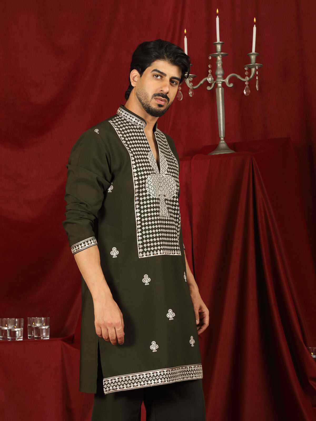 Luxe Men's Japanese Heavy Embroidery Club Motif V-Neck Kurta - Navy Blue