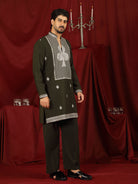 Luxe Men's Japanese Heavy Embroidery Club Motif V-Neck Kurta - Navy Blue