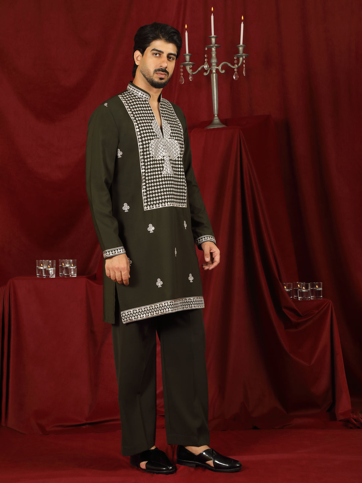 Luxe Men's Japanese Heavy Embroidery Club Motif V-Neck Kurta - Navy Blue