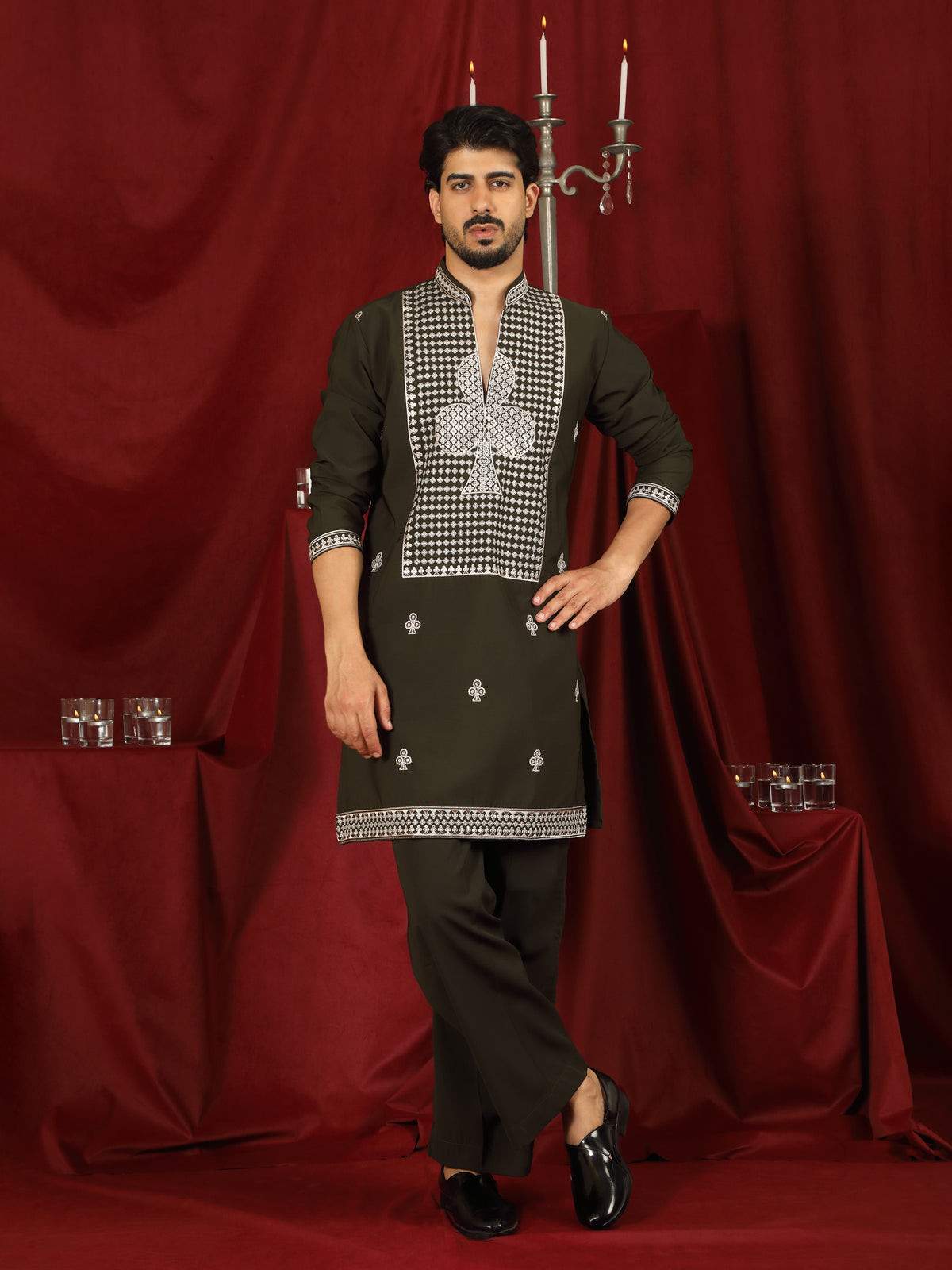 Luxe Men's Japanese Heavy Embroidery Club Motif V-Neck Kurta - Navy Blue