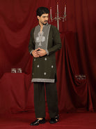 Luxe Men's Japanese Heavy Embroidery Club Motif V-Neck Kurta with Trouser Set - Olive Green
